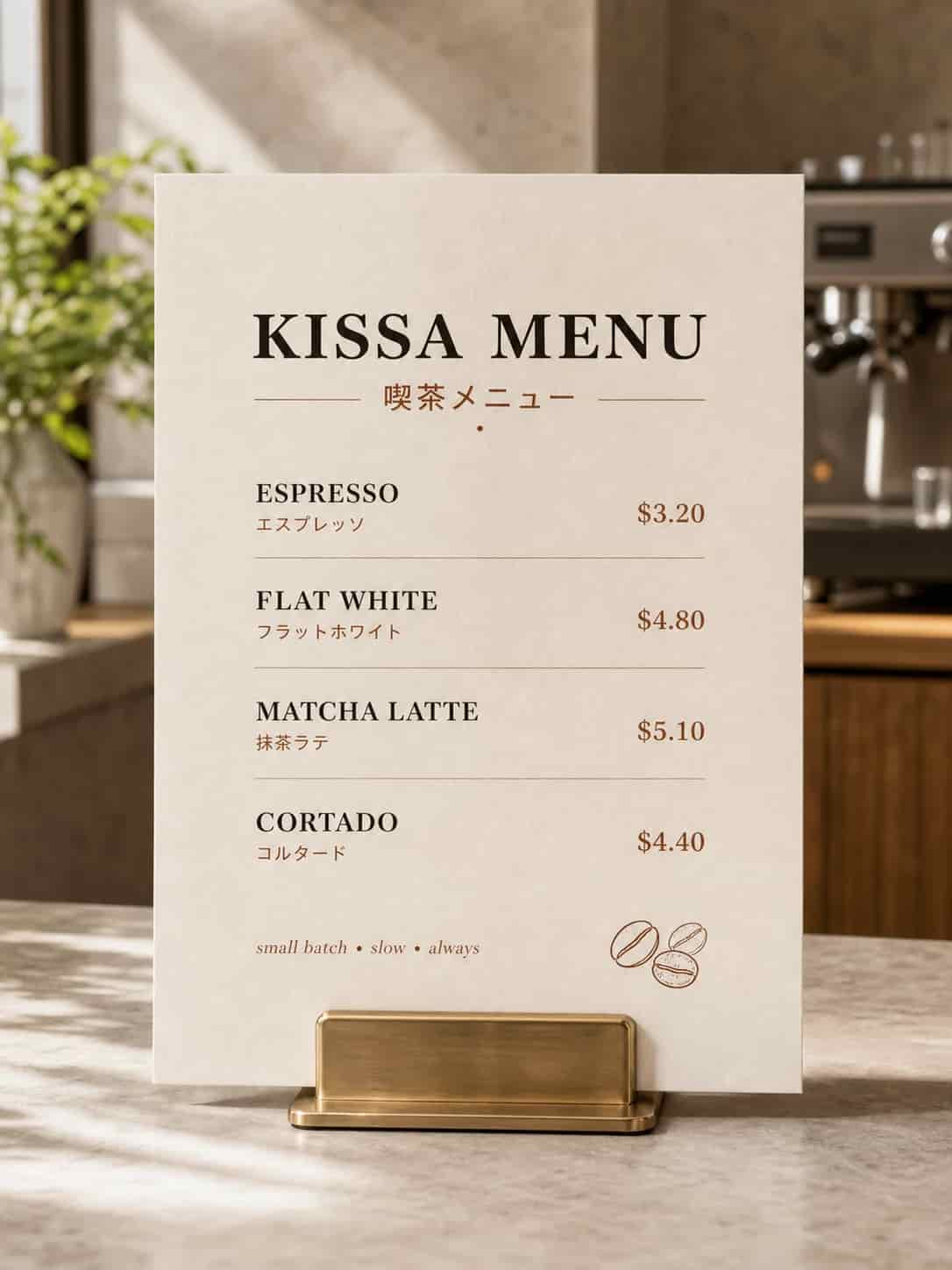 Multilingual cafe menu with legible printed text, generated by Image 2