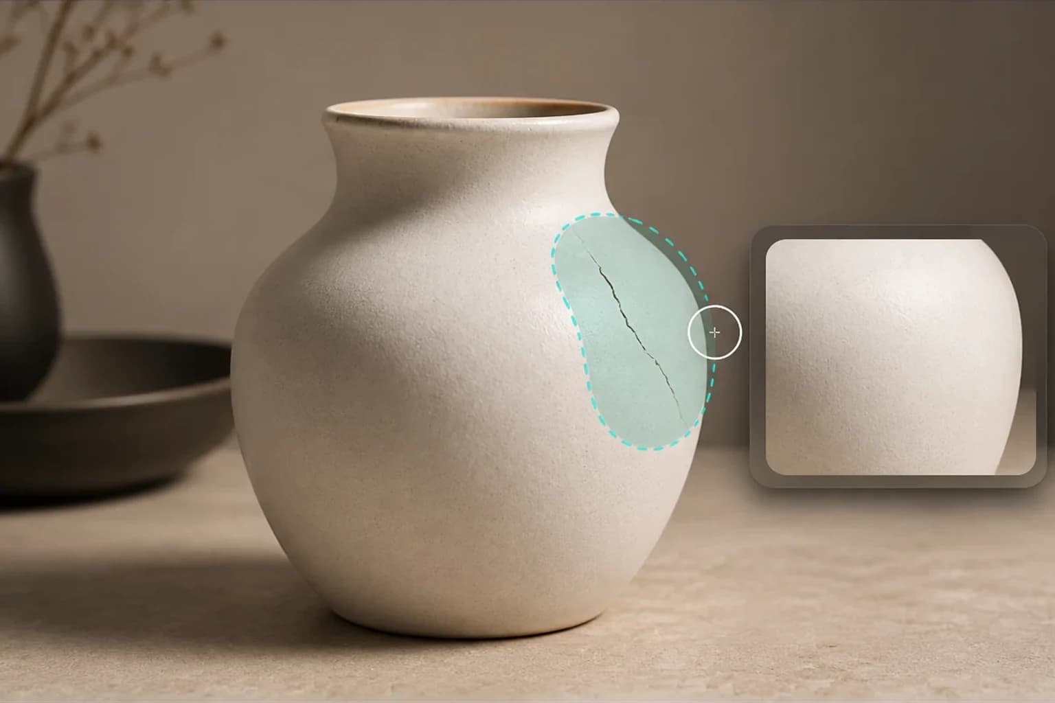 Cracked area on a vase selected and repaired